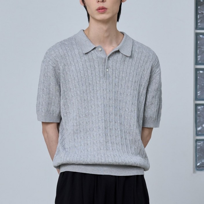 에이지오디 코튼 모달 워셔블 버튼 카라 케이블 하프 니트 반팔니트 반소매니트 캐주얼 데일리 남녀공용 케이블 하찌 반집업 오버핏