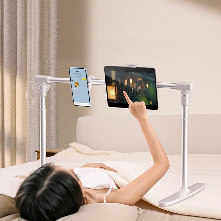 HUIJII 접이식 침대용 휴대폰 거치대 침대용 태블릿 거치대 높이 폭 조절 가능 듀얼 헤드 라이브 스탠드