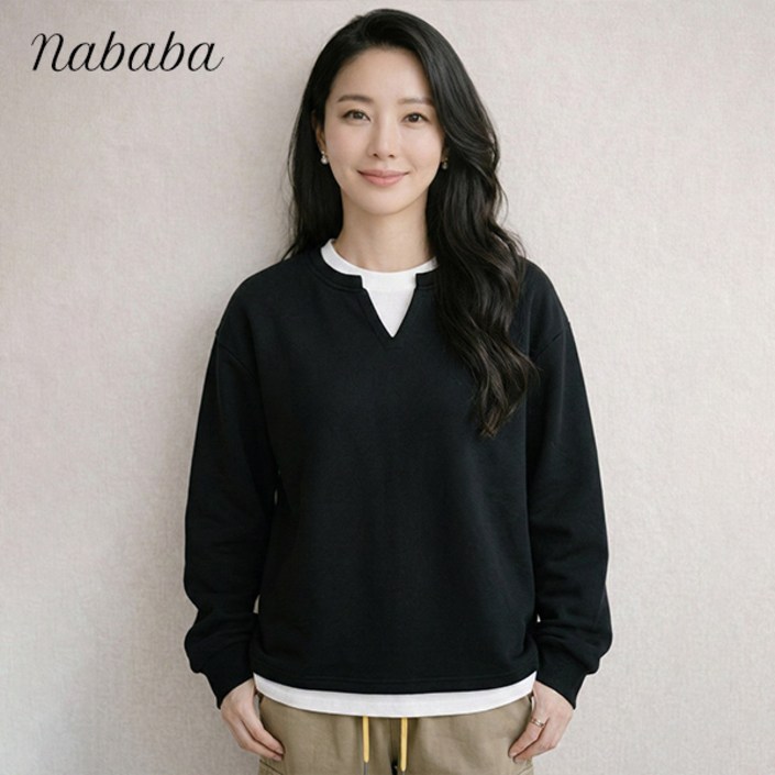 나바바 NT3255 여성 캐주얼 레이어드 배색 루즈핏 라운드넥 긴팔 맨투맨 티셔츠