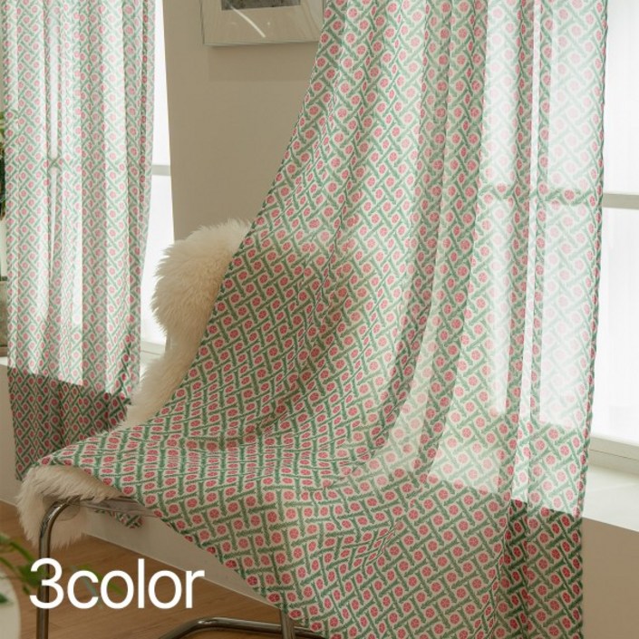 에타홈 국산정품 하루 빈티지 플라워 쉬폰 거실 안방 커튼 나비주름 70x160