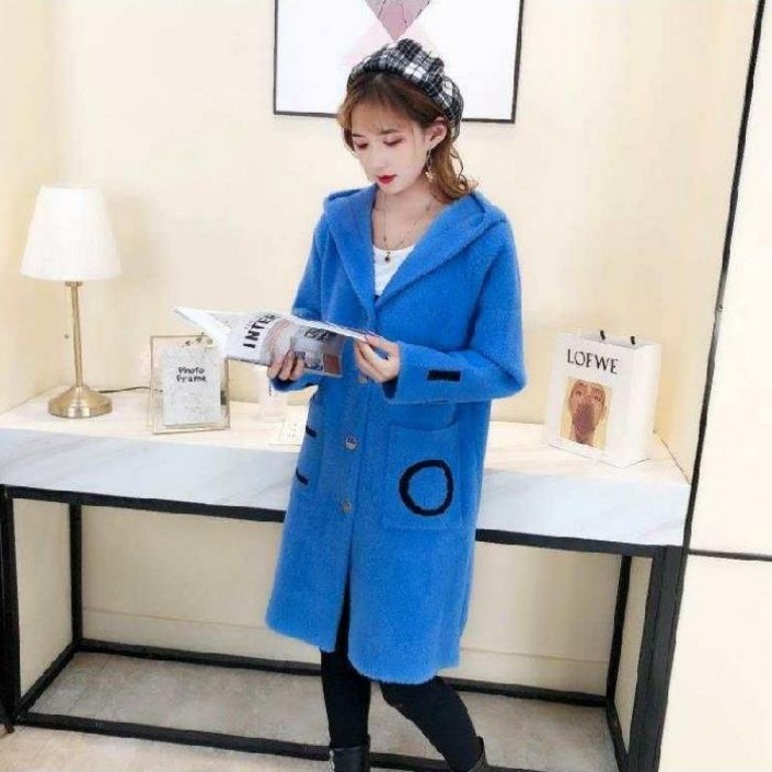 도톰 밍크털 양털 미디롱 후드 코트 하늘비즈 A25 T194G819