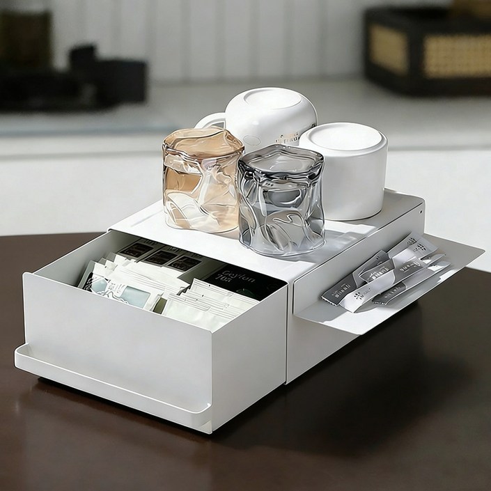 리빙픽 다용도 철제 서랍형 커피 정리함 주방 슬라이드 수납함, 화이트, 1개