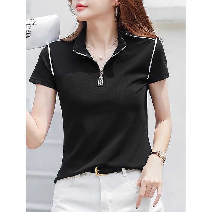여름 신상 슬림핏 반집업 터틀넥 여성 반팔 티 상의