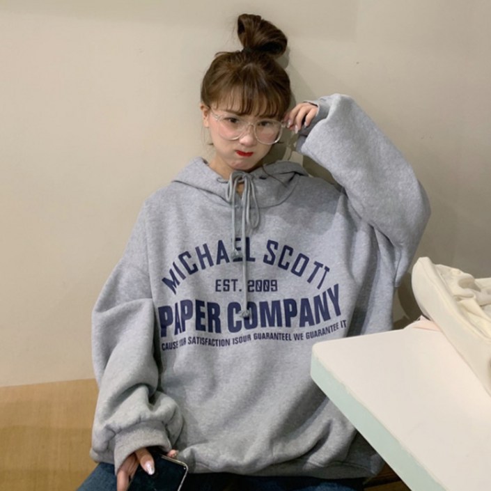 미앤유 오버핏 여자 기모후드티 프린팅 그레이 퍼플