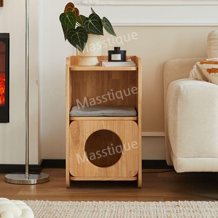 냥심저격 고양이 숨숨집 협탁 스툴 겸용 고급 원목 반려묘 하우스 거실 침대 사이드 테이블