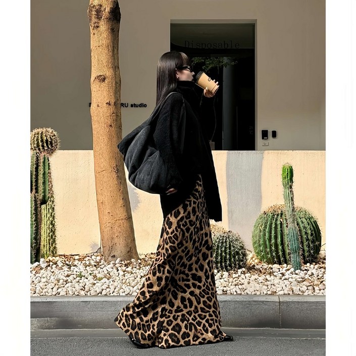 레오파드 프릴 쉬폰 실크 간절기 봄 가을 플로럴 롱 원피스 스커트 데이트룩