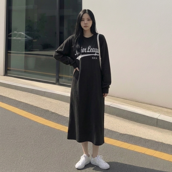 상상그이상 여성용 국내제작 간절기 메이저 원피스 빅사이즈 오버핏 면100 레터링 포인트 마실룩 홈웨어룩