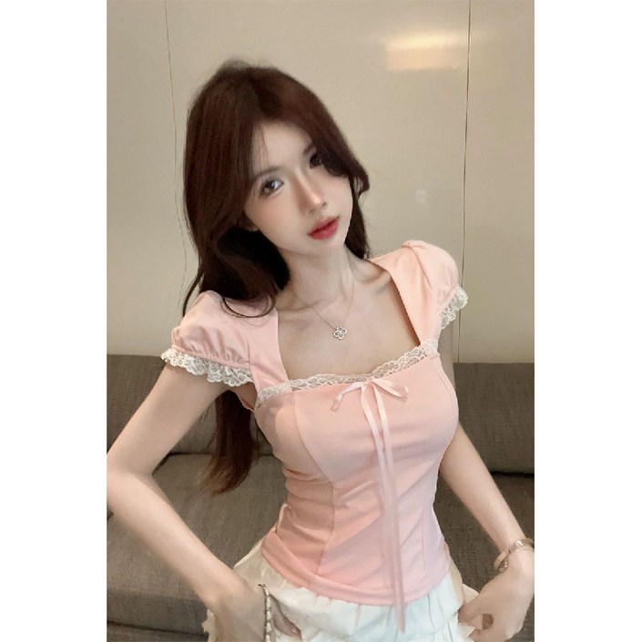 해피유통 여성 여름 프릴 장식 레이스 반팔 블라우스 로맨틱 리본 디테일lky