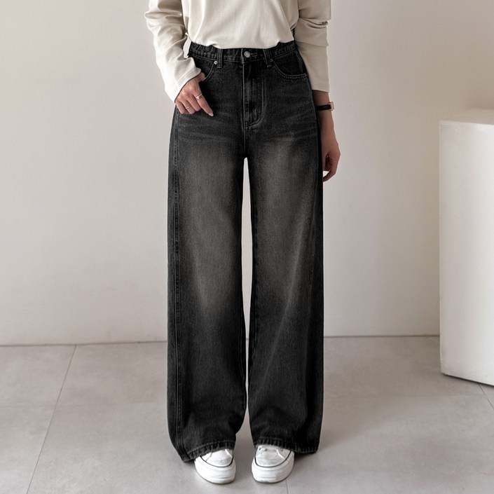 데일리앤 르벤 기장선택 여성 빅사이즈 밴딩 와이드 난스판 절개 데님 팬츠 빈티지 워싱 청바지 봄 가을 간절기