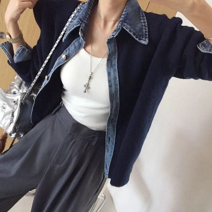 KDNC 여성 루즈핏 두툼한 니트 상의 데님 카라 포인트