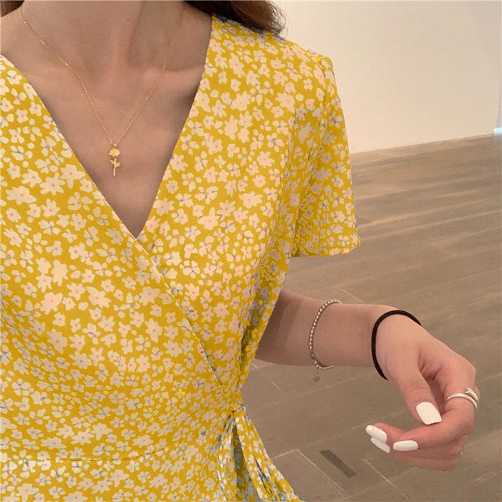 100108C 하늘 꽃무늬 패턴 랩 여성 미니원피스