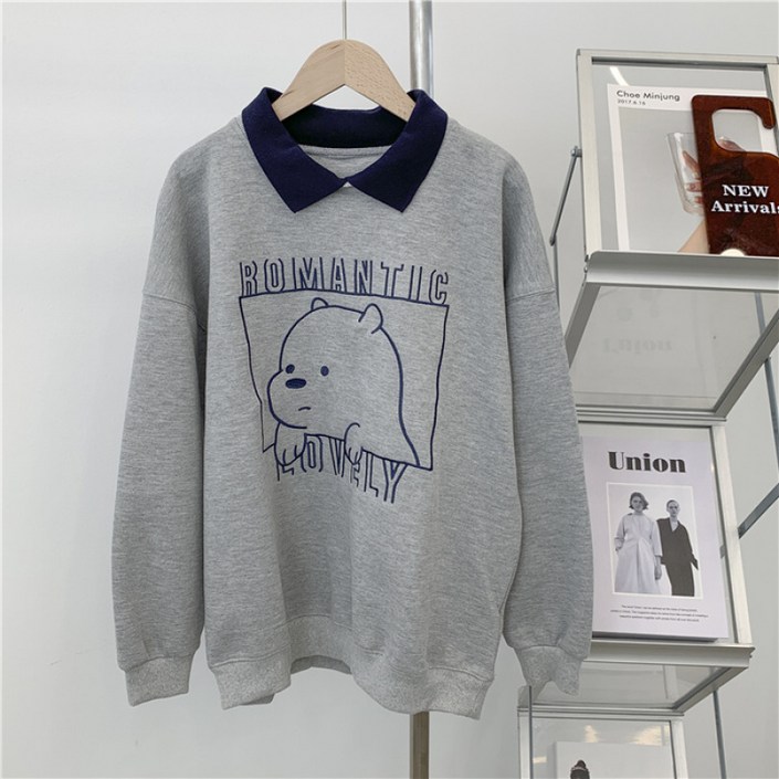 해피유통 여성 가을겨울 캐릭터 프린팅 카라넥 긴팔티셔츠 루즈핏 드롭숄더 캐주얼룩M05