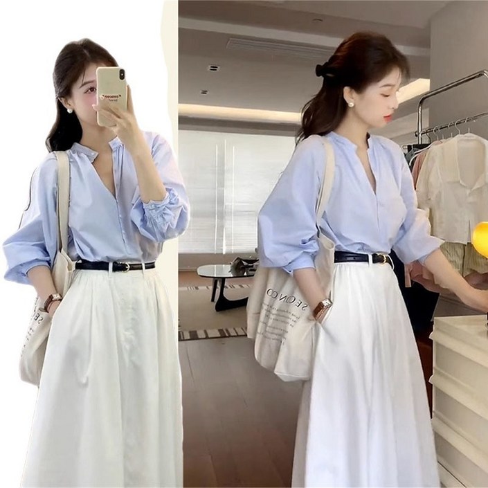 비비디아 Bibidia 여성 롱 투피스 셔츠 상의 치마세트 브이넥 상하복 벨트포함 5400