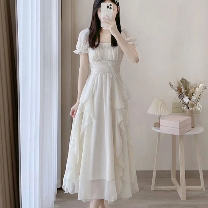 708090 여성 화이트 부드러운 롱 원피스