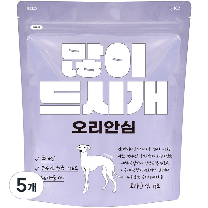 바이케이알 많이드시개 국내산 대용량 강아지 수제 간식, 오리 안심, 300g, 5개