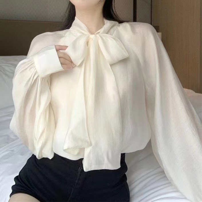 라라티나 여성용 제린 쉬폰 리본 퍼프 소매 블라우스