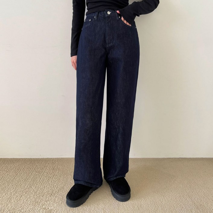 플랜데이 여성용 롱/숏 기장 피치 기모 티로 논페이드 생지 와이드 데님팬츠
