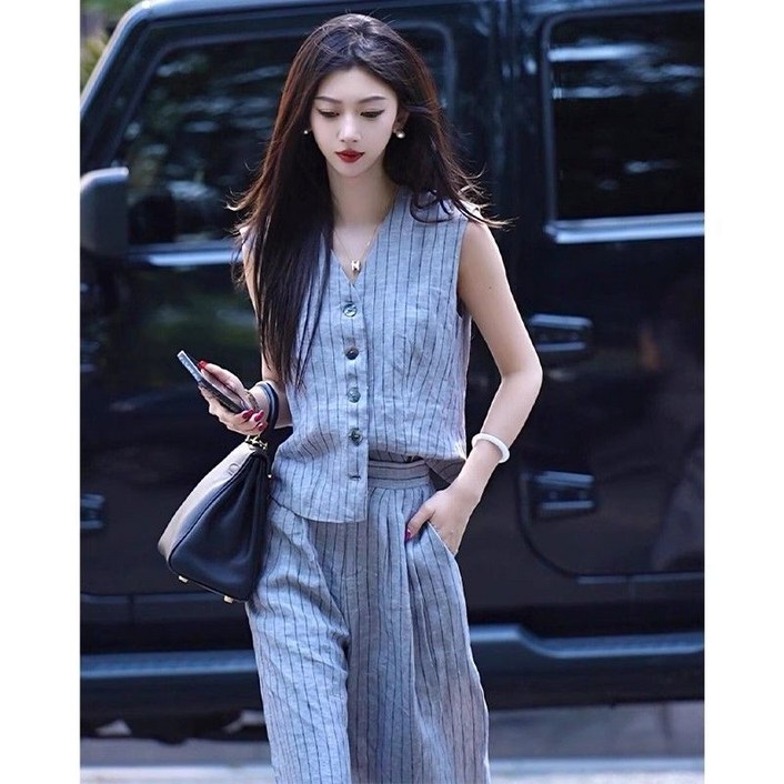 여름 여성 투피스 세트 브이넥 민소매 상의 + 와이드 바지 세트 캐주얼 여자 상하의 세트  YSQ