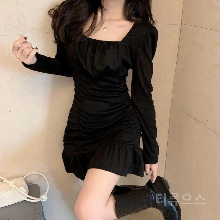 티류으스 여성 가을겨울 빈티지네크라인 핑크원피스 쉬폰셔링 미니드레스 ZA