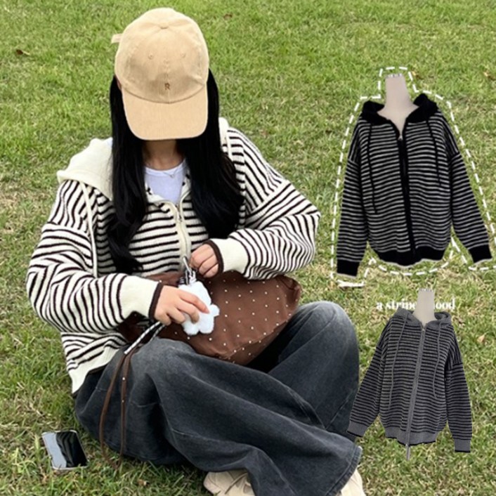 [기획특가/꾸안꾸] 여리 도톰 루즈 오버핏 단가라 니트 점퍼 / 아방스트라이프니트투웨이후드집업CT