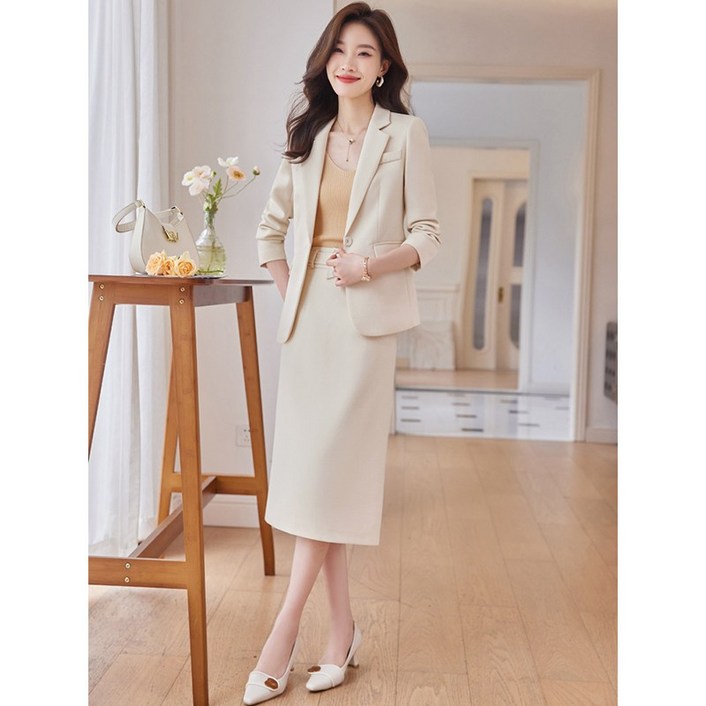 ANYOU 여성 정장 직장인 양복 코트+치마 여성양복 하객룩 사무실 면접정장