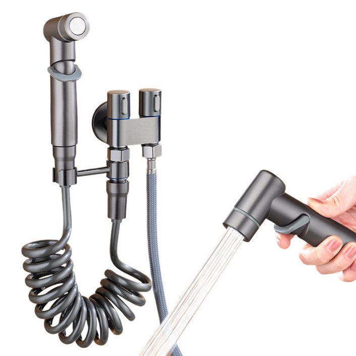 ZOZOFO 욕실 청소 변기샤워기 304 스텐 일체형스프레이건 2m그레이 코일호스T밸브, 1개