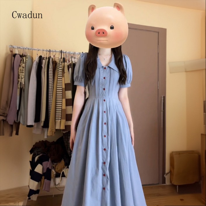 Cwadun 여름 블루 브레스트 셔츠 원피스 여성 XX711