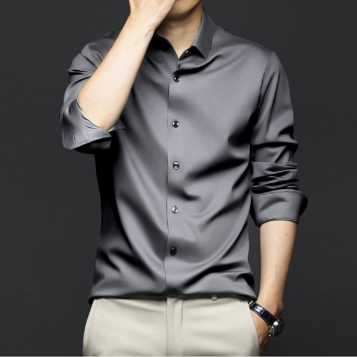 IEDUOS남성 고급 슬림 구김 방지 스판 정장 긴팔 셔츠 남자 빅 사이즈 실켓 링클프리 와이셔츠