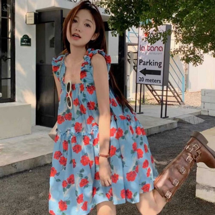 레트로 플로럴 러플 스커트 서스펜더 드레스 여름 데일리 휴가룩 원사이즈 국내