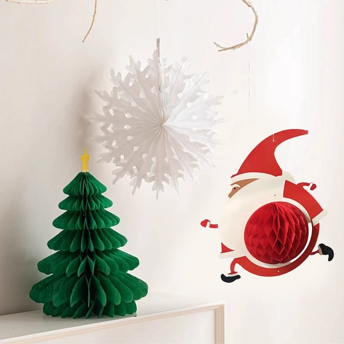 One 크리스마스 허니콤 페이퍼 모빌 오너먼트 3종세트 트리눈사람산타모자눈결정 입체장식