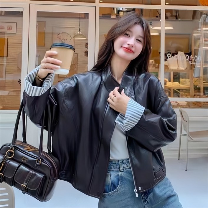 여성 봄 가을 루즈핏 빅사이즈 점퍼 빈티지 데일리룩  레더 재킷 코트