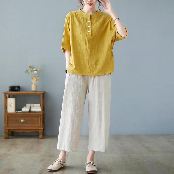 에쥬아 여성 린넨 투피스 면마 반팔 블라우스 상의 + 9부 팬츠 루즈핏 상하의세트