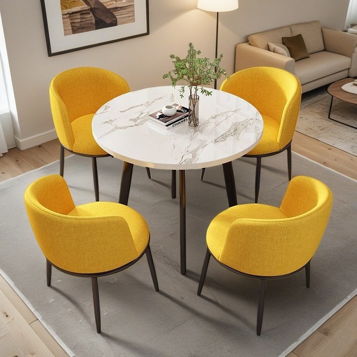 소형공간 접대용 원형 식탁세트 4인용식탁 휴식용 카페테이블 티테이블세트, 일반의자 4, 옐로우 패브릭블랙 다리800mm