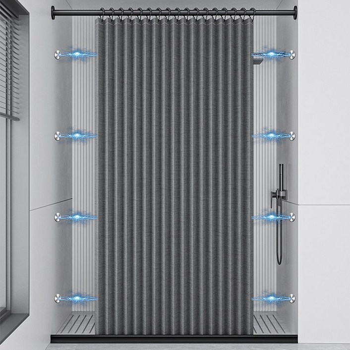 Alemon 자동접힘 욕실샤워커튼+ 양쪽 초강력 자석 방수 건습분리, 블랙 * 150*200cm * 1세트, 1개