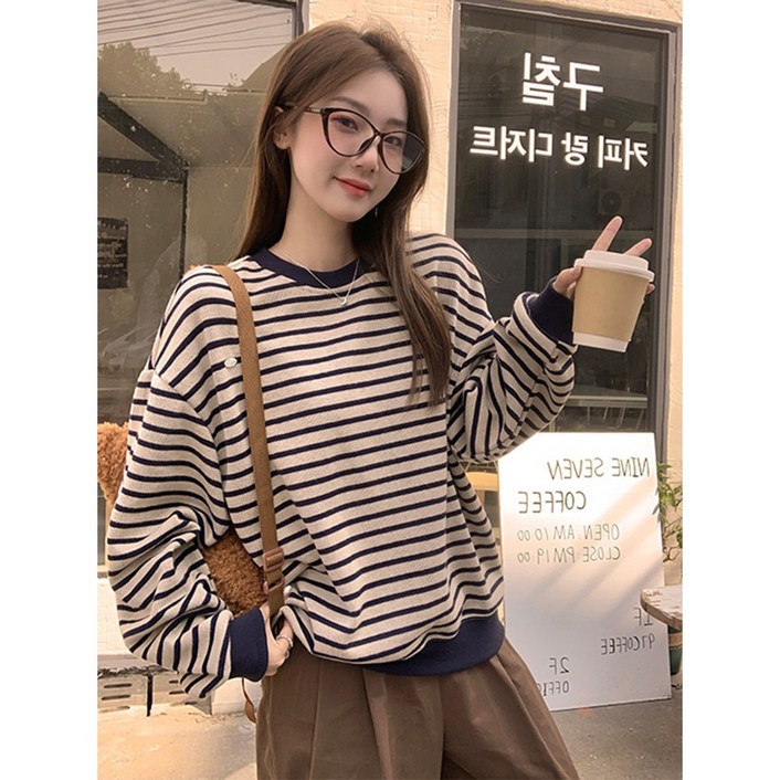 LOKEXING 여성 맨투맨 스트라이프 라운드넥 루즈핏 긴팔 맨투맨 심플 긴팔 티셔츠