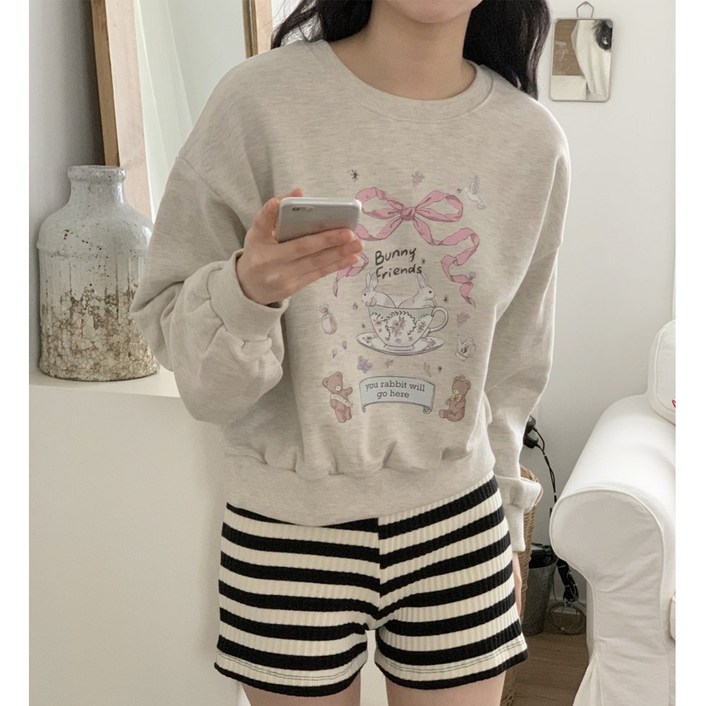 p989 리본토끼맨투맨 나염 쭈리코튼 세미크롭 가을신상 데일리 긴팔티