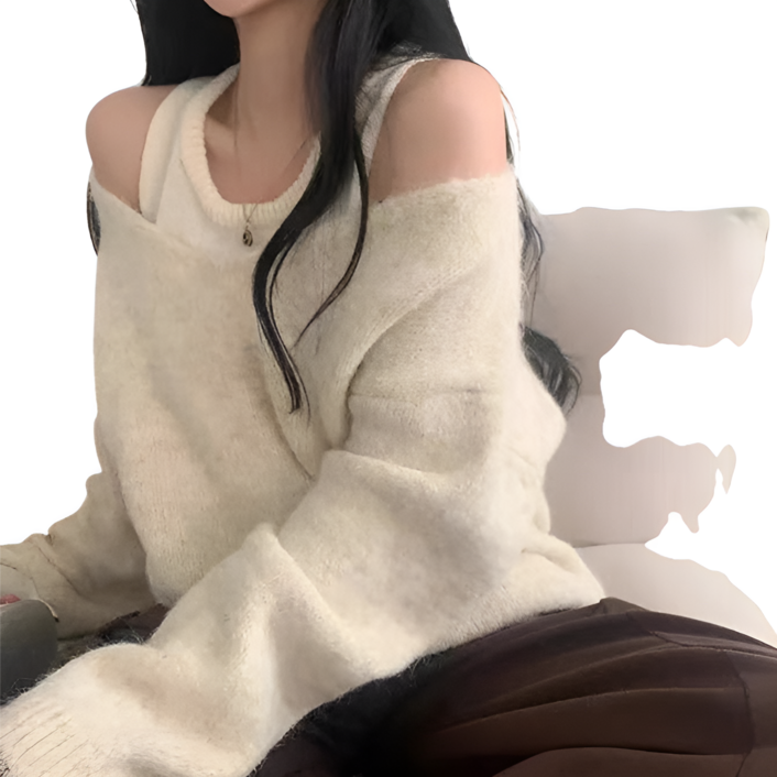 에리르 원오프숄더 레이어드 나시 니트 앙고라 브이넥 스웨터 투피스 세트