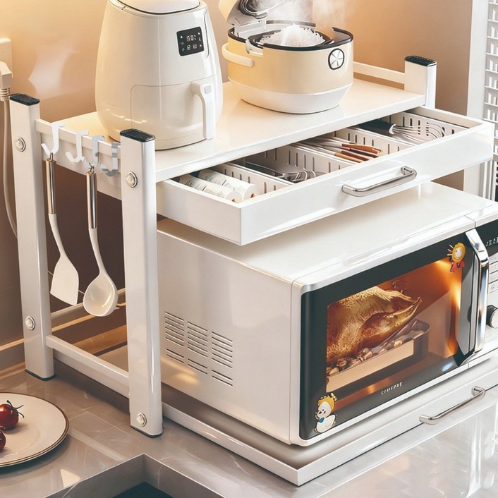 CABICO 높이 조절 전자 렌지대 전자레인지 선반 밥솥수납, 2단, 순백