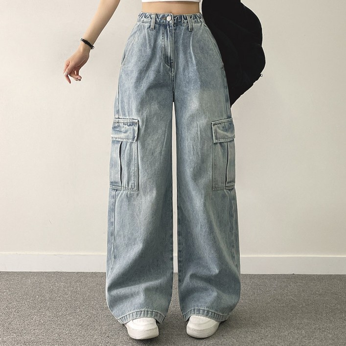 위드후이린 여성용 숏 히든밴딩 카고 데님 팬츠