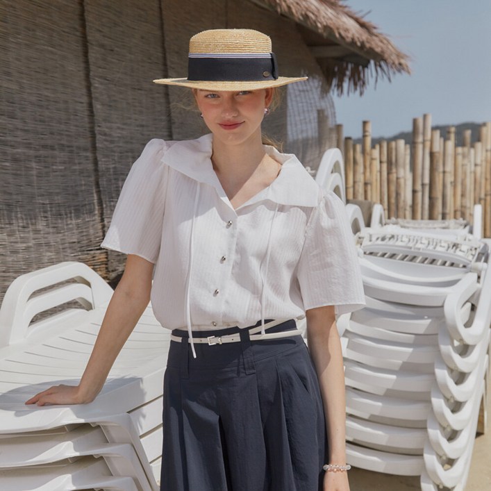 온앤온 여성용 볼륨 소매 오픈 카라 블라우스 NEW3MB615