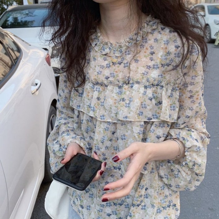 아이엠몽 여성용 러브로 프릴 쉬폰 플라워 블라우스