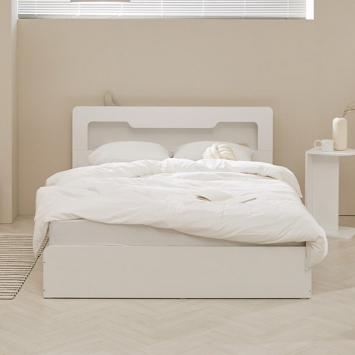 파로마 아몬드 LED 수납 헤드 평상형 침대 프레임  매트리스 방문설치, 화이트