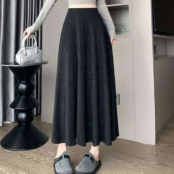 더시럽 여성용 스팽글 A라인 롱 스커트