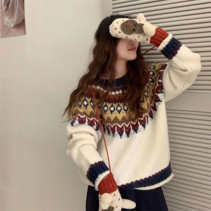 칩썬데이 여성 레트로  배색 라운드넥 긴팔 울 어글리 니트 오버핏