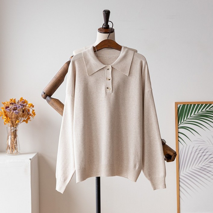 코코세븐 여성 빅사이즈 비스코스 여유핏 이너 카라니트 단추카라넥 니트