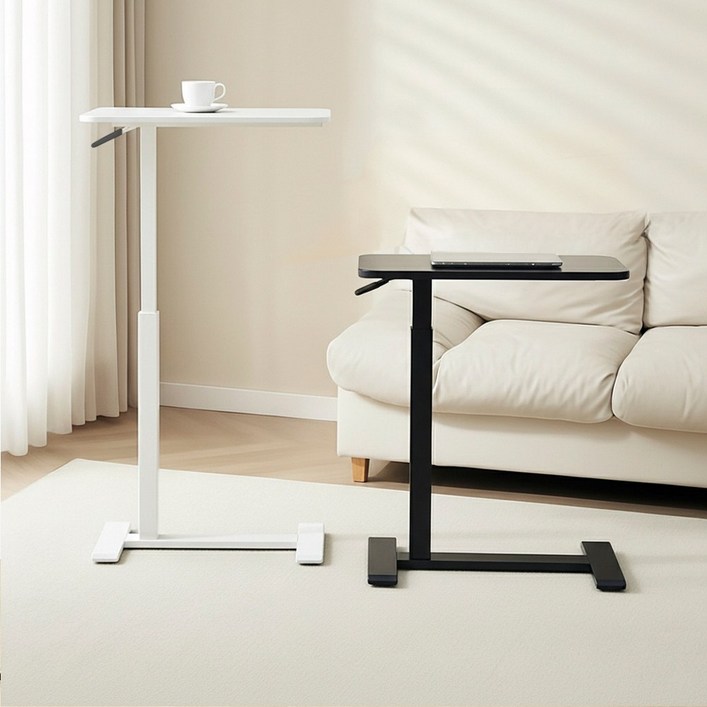 침대 사이드테이블 이동식 소파 보조 간이 테이블 1인용 미니 탁자, 유압식 높이조절 테이블 블랙