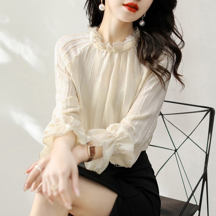 러브베리 신상 캐주얼 루즈핏 베이지 프릴 블라우스 JL0008A
