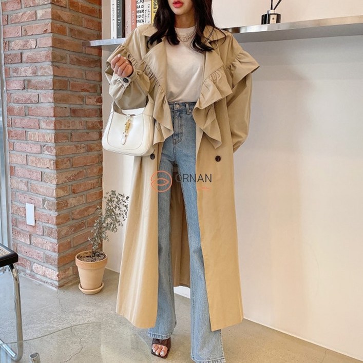 오르난 여성 모던 빅 칼라 프릴 트렌치코트 R6797