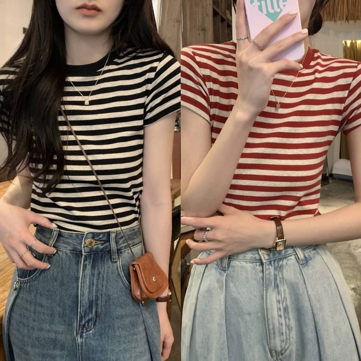 천사마음 1+1 여성 라운드넥 줄무늬 반팔티셔츠