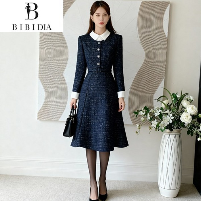 비비디아 여성 봄가을 오피스룩 배색 슬림 원피스 정장 스타일 미디 드레스 출근룩5576